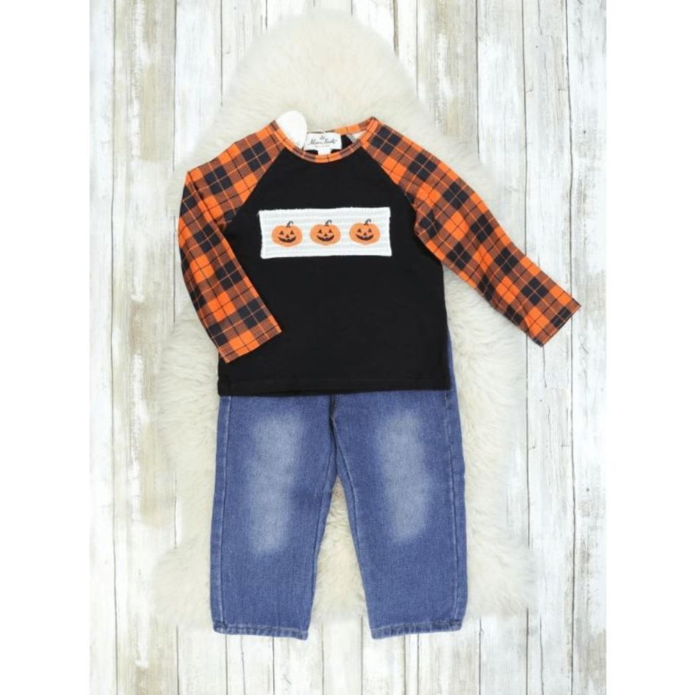 Boutique Vintage Plaid Jack O Lantern Denim Outfit - M(3 Years)